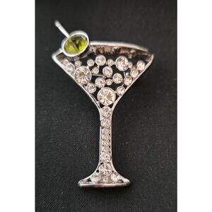 Chico's Martini Glass Rhinestone Brooch Green Olive Cocktail Pin Silver Tone